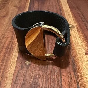 Black Leather Bracelet with Gold Accent